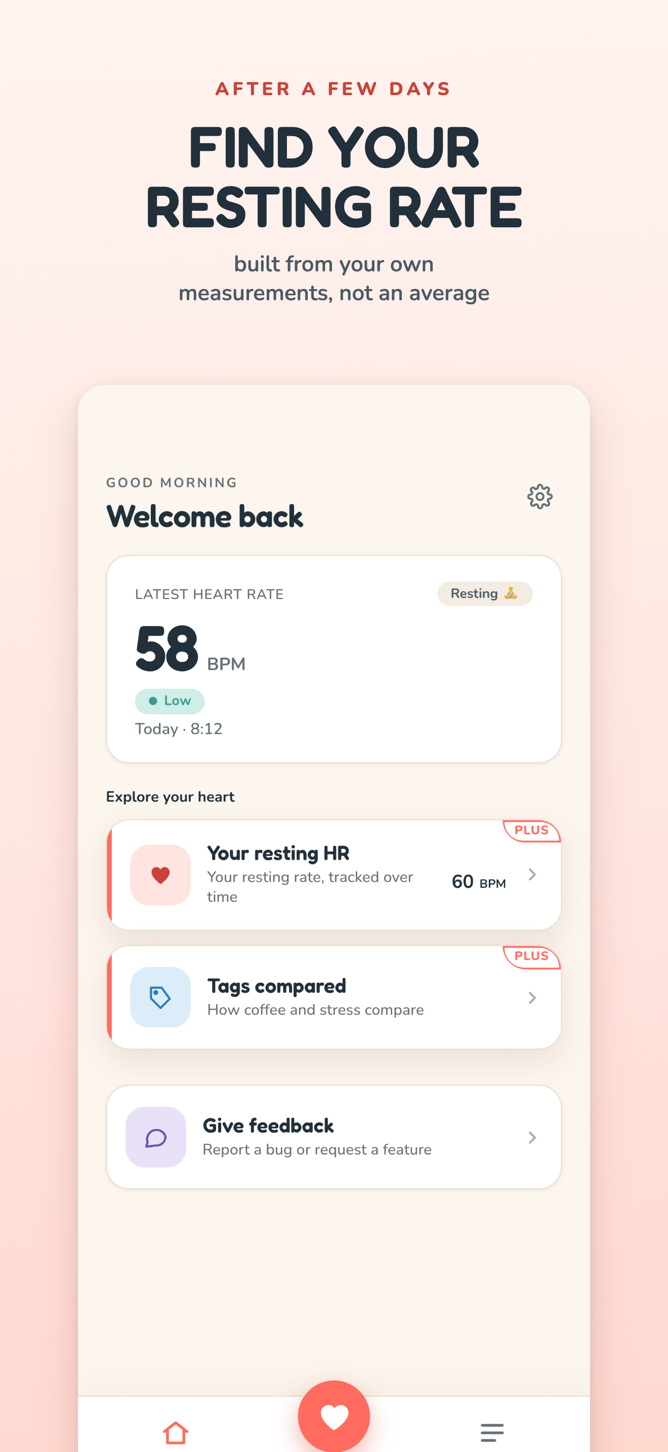 The LightPulse home screen showing the latest heart rate of 58 BPM, a button to measure, and links into Your resting HR and Tags compared.