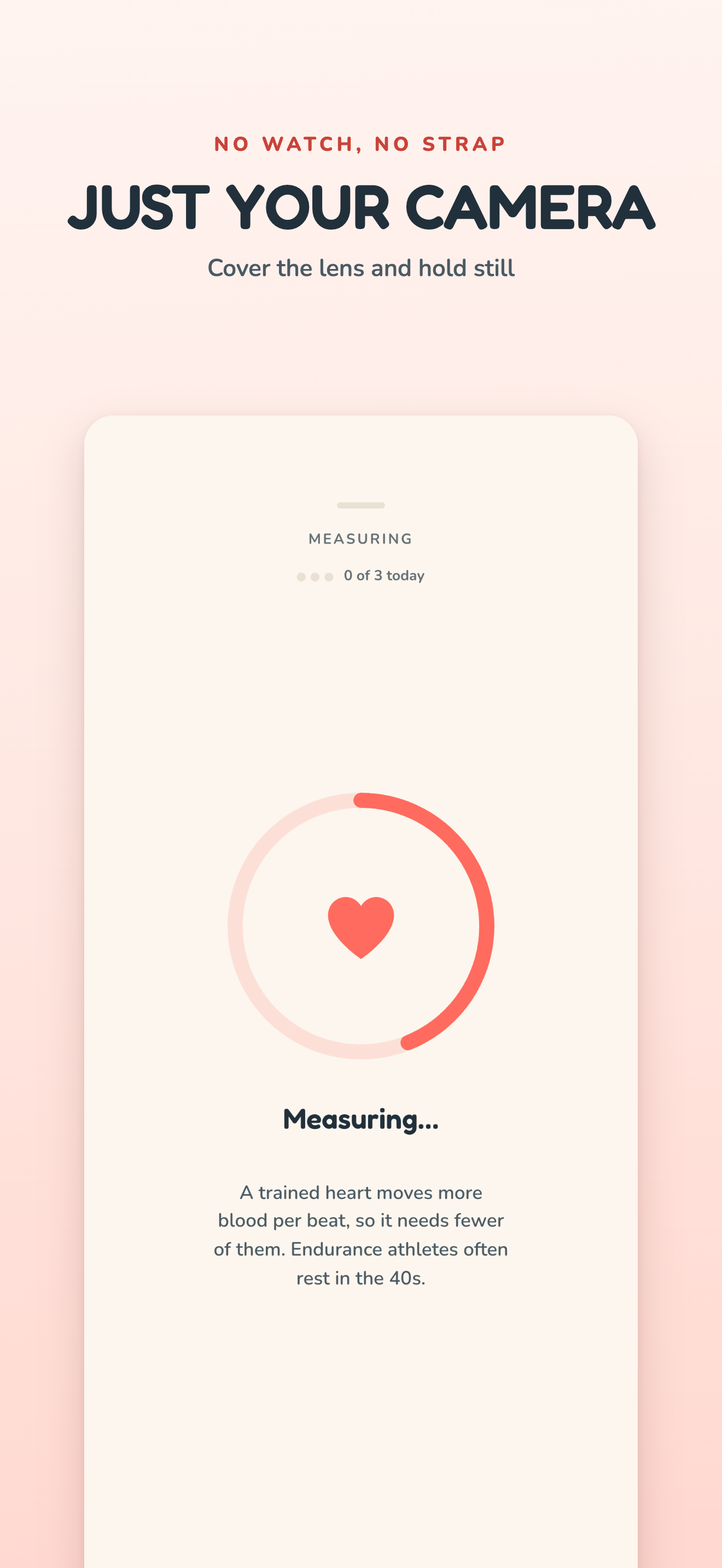 The LightPulse measuring screen, with a circular progress ring filling around a live measurement of 73 BPM.